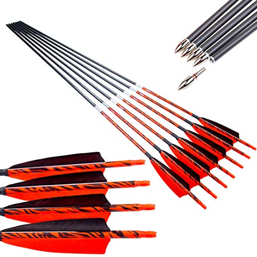 Pinals Archery Traditional Arrows 300 400 500 600 Spine Turkey Feather 32 Inch Carbon Shafts for Recurve Bow Longbow Hunting Targets 12PCS Spine 500