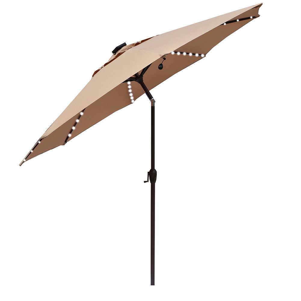 Amazon Com Le Papillon Outdoor Patio Umbrella 9 Ft Solar Powered Lighted Table Market Umbrella With Crank And Push Button Tilt Beige Garden Outdoor