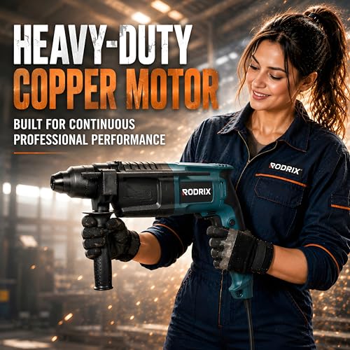 Image of RODRIX RD20 Rotary Hammer Drill Machine, 900W Copper Motor, 20mm SDS Plus Chuck, 3900 BPM, 850 RPM, 1.5J Impact Energy, 2 Modes, Forward & Reverse, 6 Months Warranty