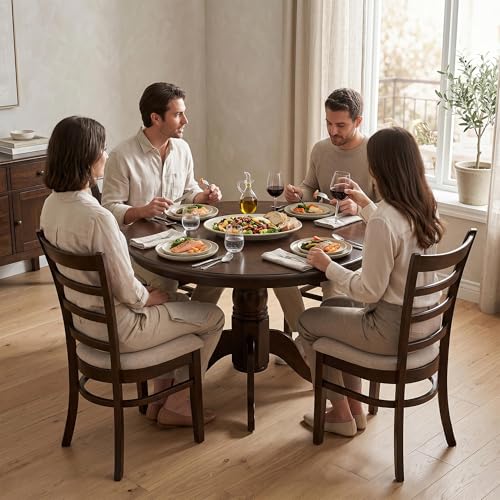Image of Royaloak Penang Malaysian Wooden 4 Seater Dining Table Set with Chairs |Solid Mindy Wood Veneer Finish | Rubber Wood Pedestal Legs | Comfort Back Support | Cushioned Seating