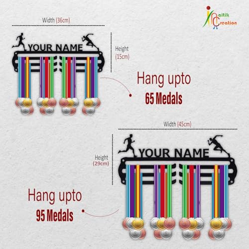 Image of NAITIK CREATION Personalized Medal Hangers for Wall Display - Customised Sports Medal Holder with Custom Name, Holds Up to 65 Medals, Black Glossy Finish