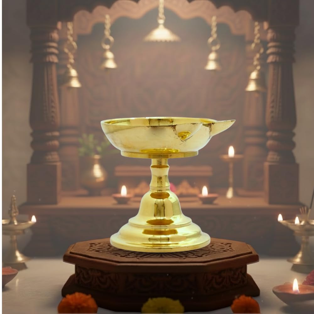 Two Faced Antique Brass Dasara Panti 3.5" Diameter Panati with Stand - 130 ml Oil Capacity