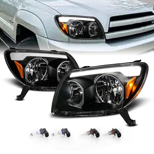 AmeriLite For 2003-2005 Toyota 4Runner Sport SUV LED Tube Bar Black Replacement Headlights Pair - Passenger and Driver Side
