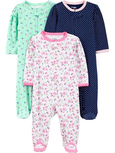 Simple Joys by Carter's Baby Girls' 3-Pack Sleep and Play, Pink Floral, Blue Floral, Navy Dot, 0-3 Months