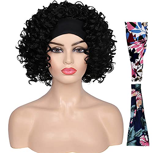 Short Deep Wave Wigs With Headband & 2 Stylish Hair Band & 1 Hair Net for Black Women, None Lace, Glueless, Breathable, More Easy to Daily Wear, Natural Color, 8 inch; 36A