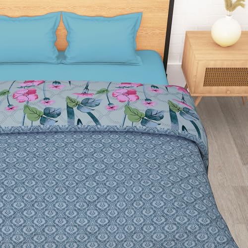 Image of Double Bed Comforter Blankets for Winter | Microfiber | 180GSM 220x250 cm | Light Blue & Pink & Houndstooth Pattern | Bedding Blanket for Winter Double Size | Dohar | Quilt | Duvet