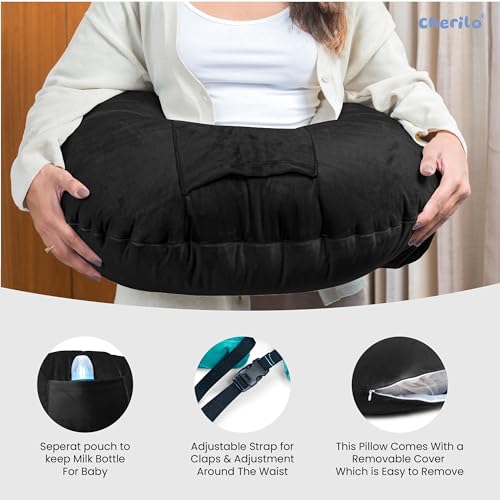 Image of Cherilo Feeding Pillow for New Born Baby, Nursing Pillow for Breastfeeding, Baby Support with Adjustable Strap & Bottle Holder (Pouch) | Washable Premium Velvet Cover with Zip | Black
