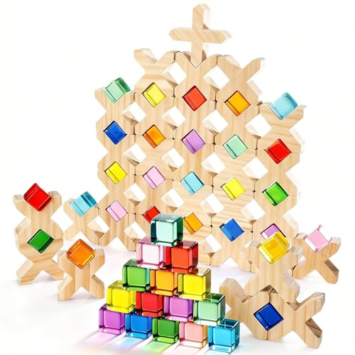 Woodtoe Wooden Building Blocks for Kids 48 PCS Rainbow Acrylic Gem Cubes Blocks - 32 Wooden Blocks Montessori Stacking Toy for Toddlers Educational STEM Learning Sensory Toy Gifts for Boy Girl 3-6