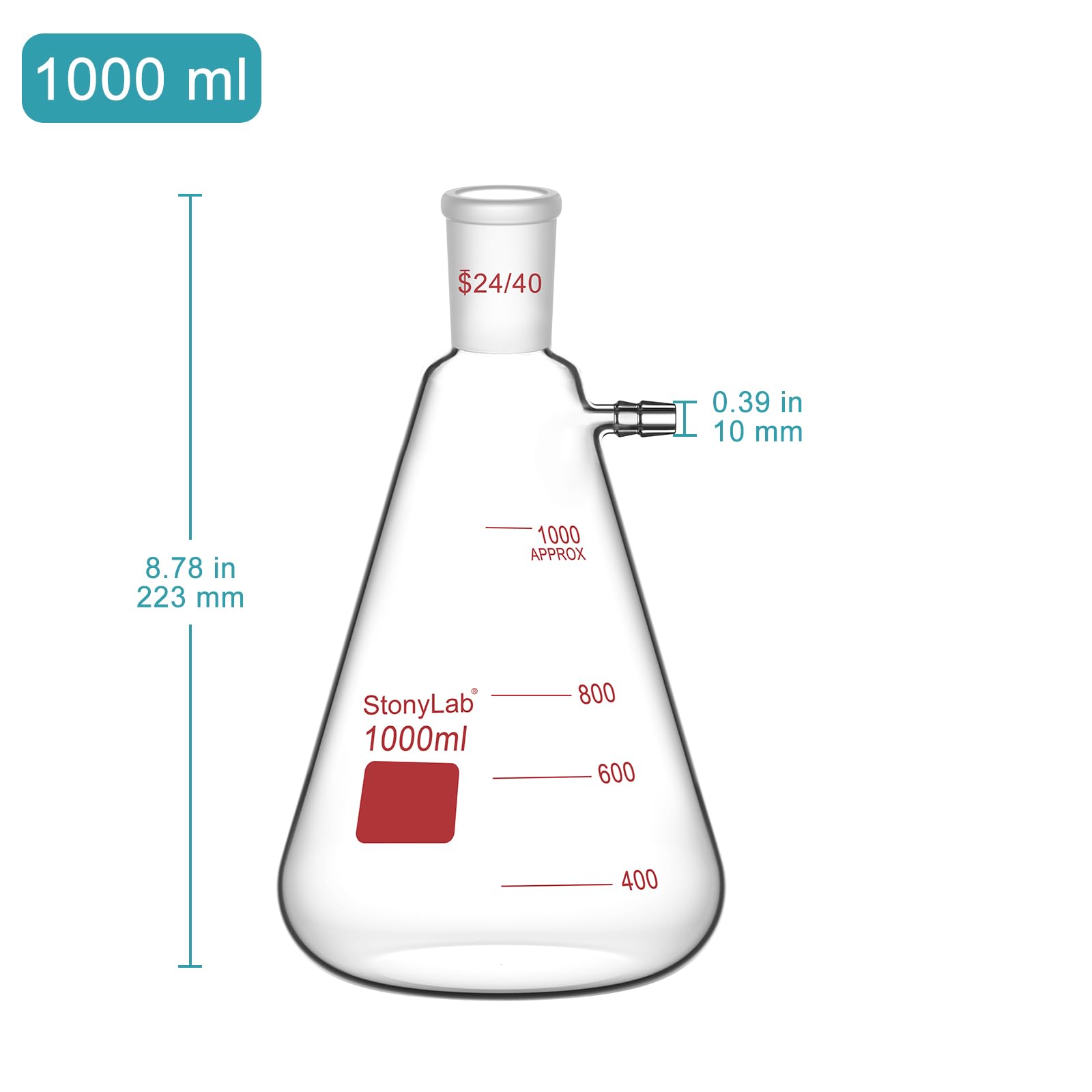 stonylab Filterkolben mit 24/40 Standard Kegel Außengelenk, Schwerwand Borosilikatglas Filterkolben, Bolzenhals mit Tubulation, 1000 ml