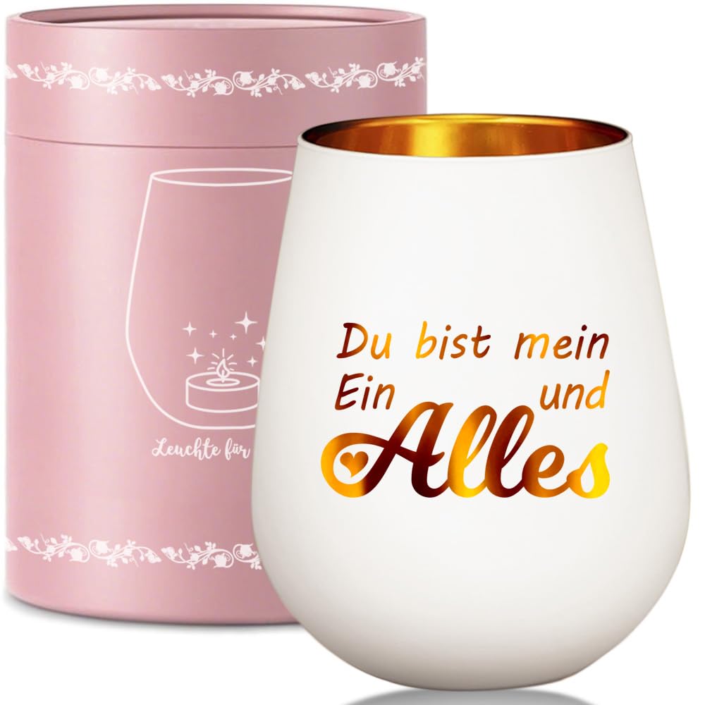 Windlicht “Du bist Mein EIN und Alles” – Romantischer Glas-Teelichthalter mit rosa Geschenkbox, Hochzeitsgeschenk, Verlobungsgeschenk & Jahrestag Geschenk für sie (Ohne Kerze)