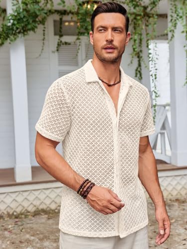 Runcati Mens Button Down Knit Shirt Short Sleeve Crochet Shirts Casual Hollow Out Summer Beach Vacation Tops3