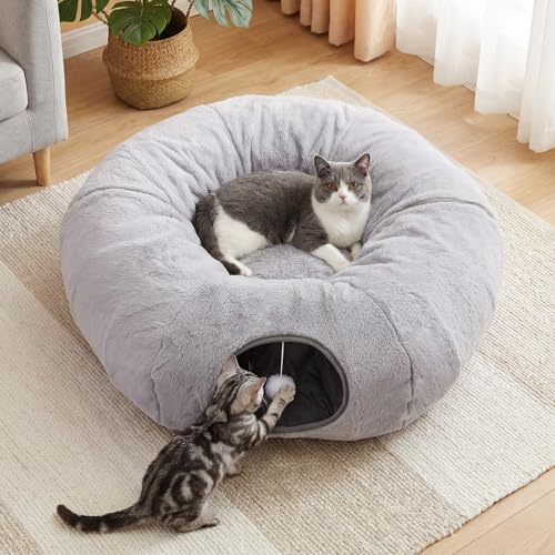 BUMUBI Cat Tunnel Bed for Indoor Cats 31.5in Round Cat Tunnel for Small Cats Cat Donut Tunnel with Washable Plush Mat Collapsible Tunnel Hideplace for Kittens Squirrels Grey