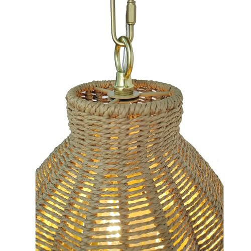 Image of 3-Light Rustic Twisted Rope Pendant Light with Gold Chain, Handcrafted Boho Hanging Ceiling Fixture, Natural Rattan Woven, E26 Bulb Compatible (16 inch)