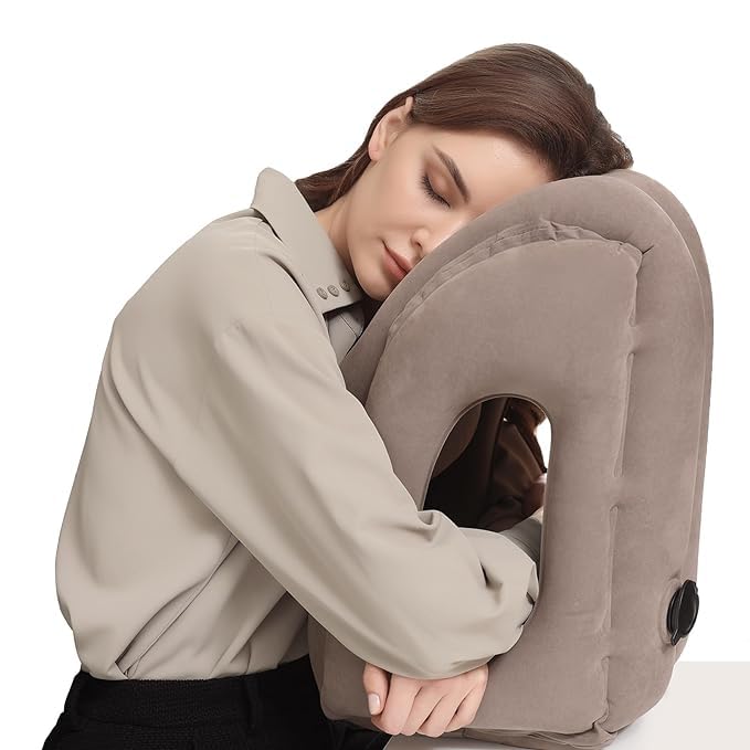Image of Inflatable Travel Pillow Polyvinyl Chloride Inflatable Travel Pillow, Airplane Neck Pillow Comfortably Supports Head and Chin for Airplanes, Trains, Cars and Office Napping (Grey)