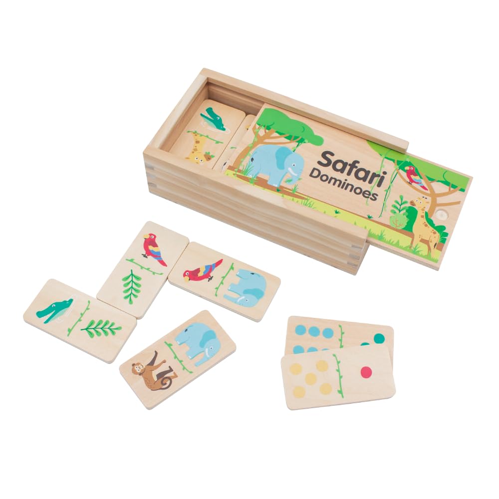 jumini Children’s Wooden Dominoes Set – 28-Piece Double-Sided with Farm, Woodland, and Safari Animal Designs – Sustainably Sourced Wood, Non-Toxic Paint, UK Safety Tested (Safari)