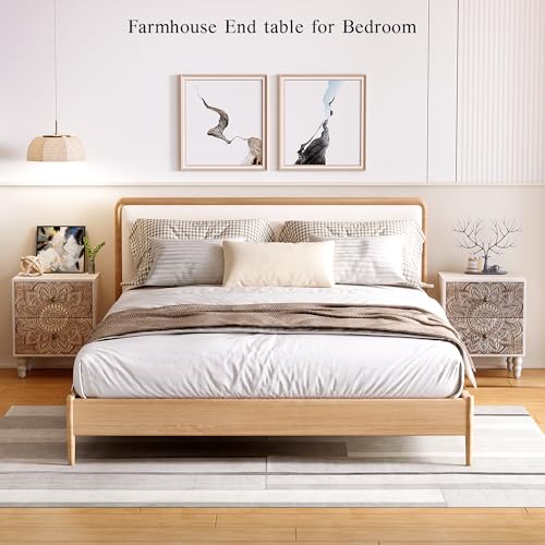 Image of SUNBURY Vintage Wooden Nightstand Set 2, Wood Accent Table with 2 Drawers, Elegant Bedside Table End Side Table for Bedroom, Living Room (Lotus)