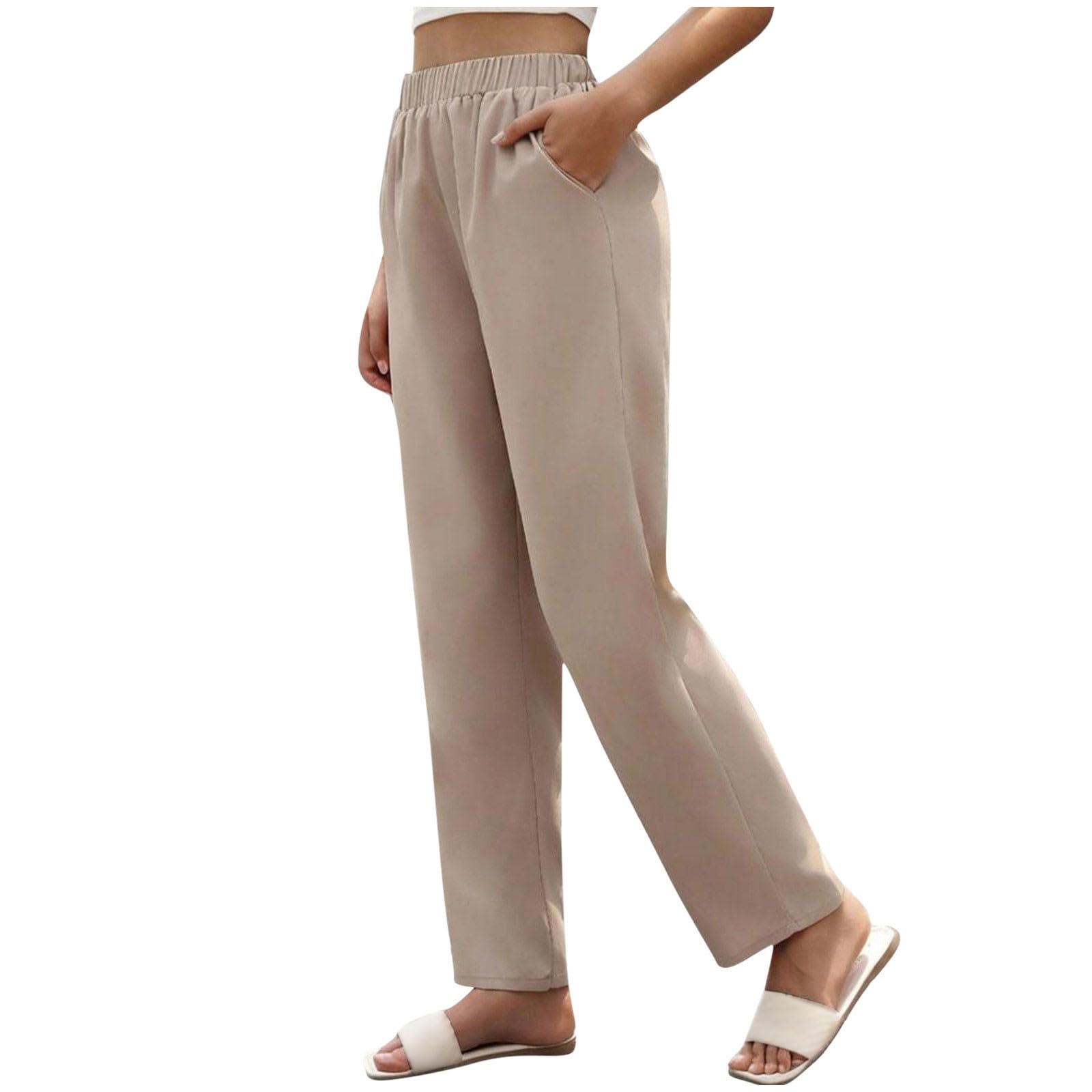 Womens High Waisted Straight Leg Pants Stretchy Business Casual Pants Elastic Waist Work Trousers with Pockets
