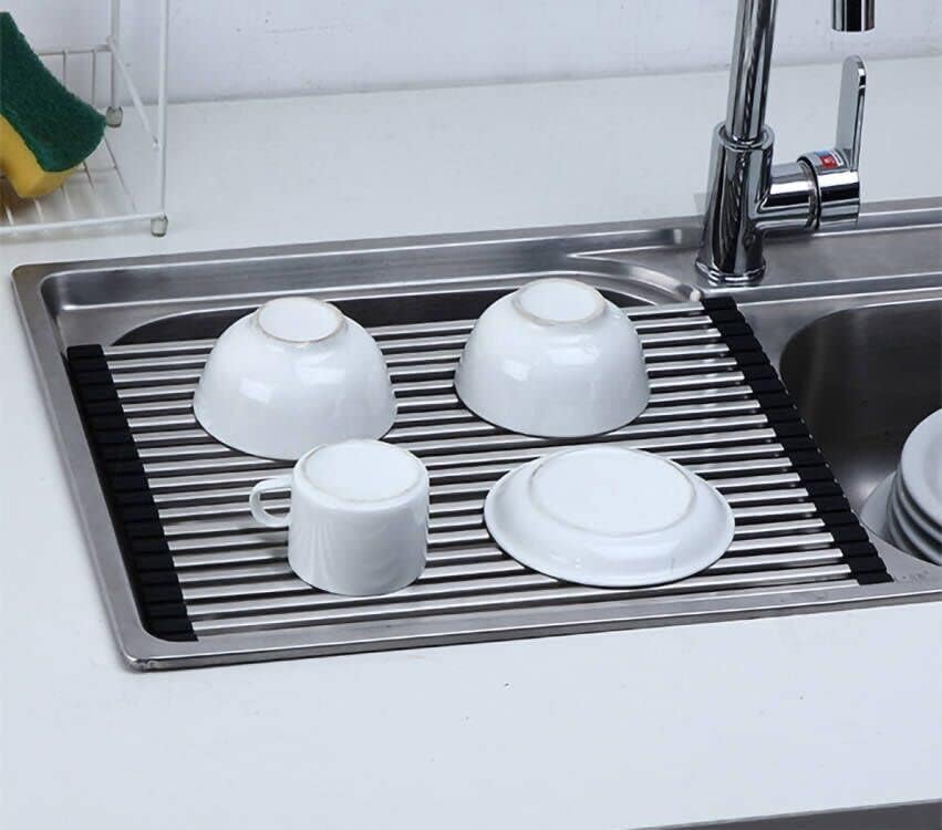 Ahyuan Roll up Dish Drying Rack Over The Sink Dish Drying Rack Square Tubes Dish Rack Over Sink Dish Racks for Kitchen Counter RV Camper Accessories for Travel Trailers (Black, 17.8''Wx13.4''L)