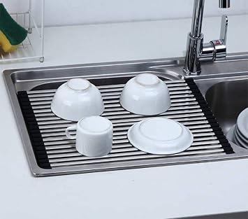 Ahyuan Roll up Dish Drying Rack Over the Sink Dish Drying Rack Square Tubes Dish Rack Over Sink Dish Racks for Kitchen Counter RV Camper Accessories for Travel Trailers (Black, 17.8''Wx13.4''L)