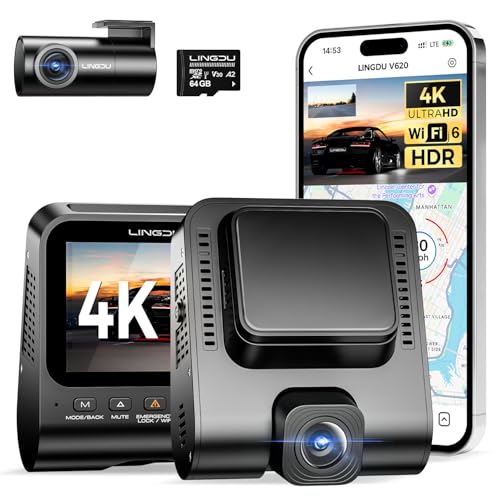 LINGDU V620 Dashcam Cámara Coche 4K+1080P,Doble WiFi GPS Dash CAM Coche con Tarjeta SD de 64GB,2.4' IPS Camara Coche Grabadora,ADAS,170° Gran Angular,Visión Nocturn,WDR,Sensor G,Grabación en Bucle