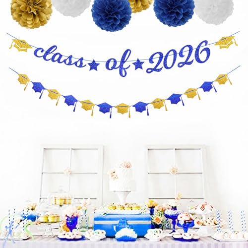 Image of Navy-Blue White-Gold Party-Decorations Graduation Banner - 8pcs Kits Class of 2026 Cap Garland Streamers, Paper Tissue Pom Poms Flowers, Congratulations Grad Decor Lasting Surprise