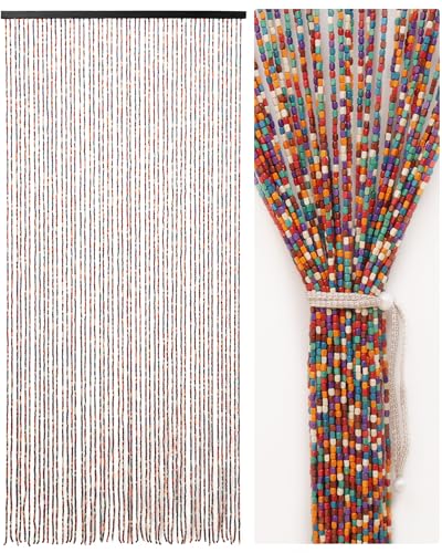 Ezcasch Rideau de porte en perles de bambou 90 x 190 cm 52 brins colorés Rideau de perles en bois comme décoration de style bohème et moustiquaire Rideau de...