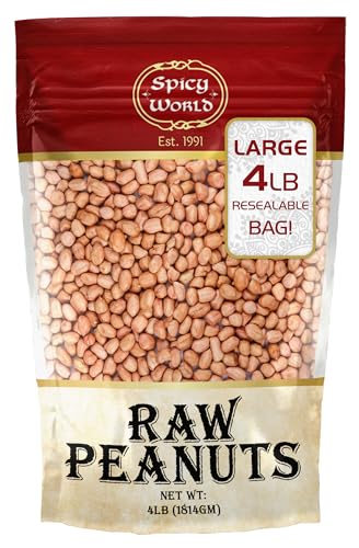 Spicy World Peanuts Raw Whole With Skin 4 LB Jumbo Bag (64oz) | Uncooked, Unsalted, All Natural, USA Grown Red Skin Spanish Grade