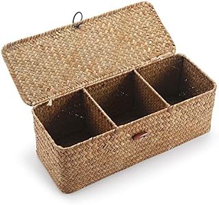 Seagrass Storage Basket with Lid Small Woven Shelf Baskets Rectangular with Sections for Organize Snack Toys