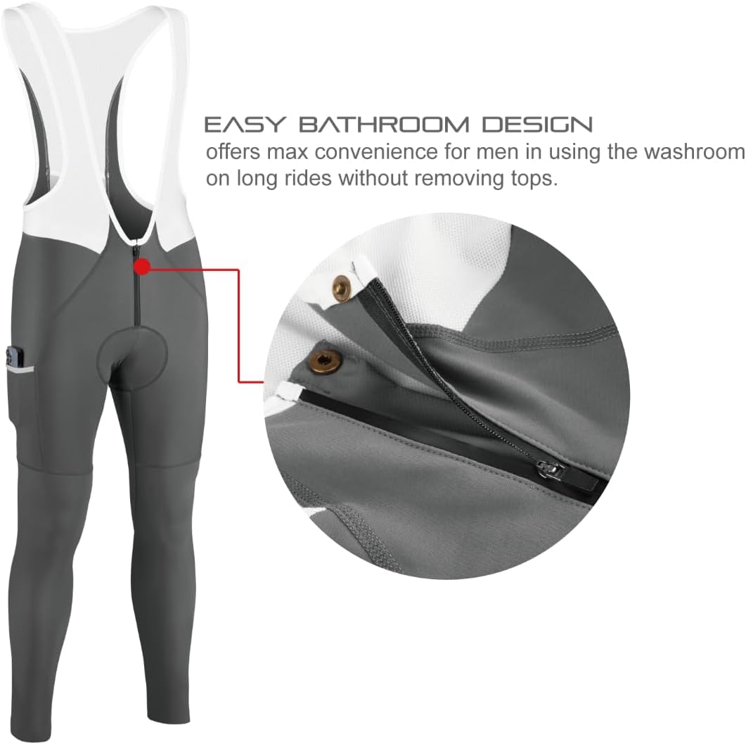Men's Fleece Cargo Cycling Bib Pants 4D Pad, Zipper Opening Front Thermal Bike Tights Long Legging for Cold Weather - Image 2
