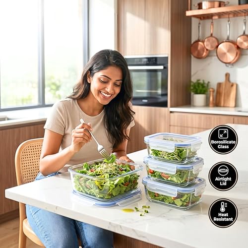 Image of Altitude Borosilicate Glass Lunch Box Set with Bag & Jar, Set of 3 Leakproof Airtight Glass Food Storage Containers 370ml 640ml 1040ml, Microwave Oven Freezer Dishwasher Safe Tiffin Box