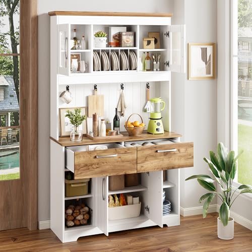 Ktipm Armario Cocina Alacena de Cocina con 2 Cajones y 4 Ganchos, Aparadores Mueble Auxiliar con 4 Puertas y Estante Abierto, Mueble Aparador para Comedor y Salón, 106x39x176.5 cm, Natural+Blanco