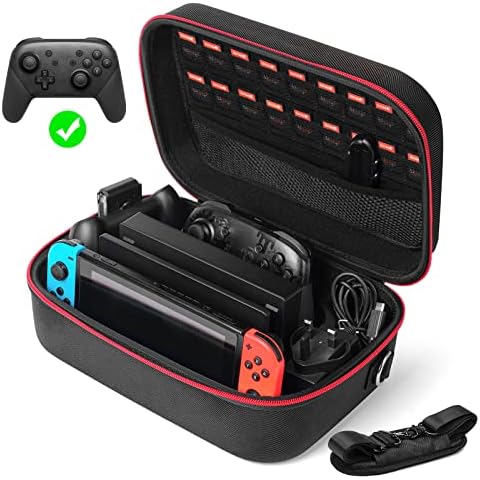 Glamgen Carrying Case for Nintendo Switch/OLED,Large Protective Travel Hardshell Storage Bag with 16 Game Cartridges for Switch Console, Pro Controller, Accessories Switch Dock,Black Cover
