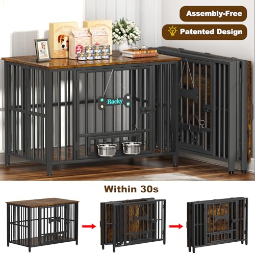 Easycom 41" Dog Crate Furniture Foldable, No Assembly Decorative Dog Kennel Indoor, Dog Crates for Large Dogs(40-65 lb), Wooden Dog Cage with Adjustable Bowls and Name Tag, End Table, Rustic Brown