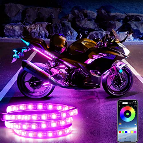 DJCALA 12 Piezas Kits Luces LED Motocicleta, Tiras Lámpara Ambiente Motocicleta Multicolor a Prueba Agua RGB con Control Aplicación Bluetooth Luz Efecto Suelo Neón Multicolor Bajo Brillo Motos