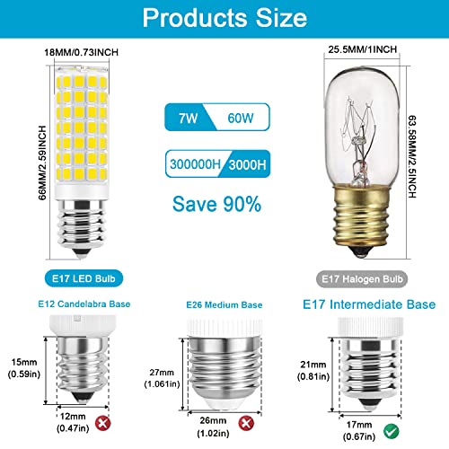 Image of E17 LED Bulb Dimmable 7W Microwave Over Stove Bulbs, 60W Incandescent Equivalent, Warm White 3000K, Fit for Whirlpool Maytag GE Kenmore LG Microwaves, Replaces 8206232A 1890433 AP4512653, 2 Pack