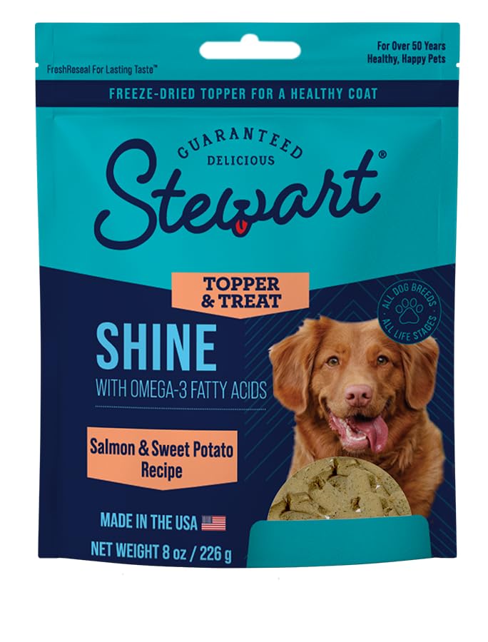 Stewart Freeze Dried Dog Food Topper, Shine, Salmon and Sweet Potato Recipe, 8 Ounce Pouch, Omega-3 for a Healthy Coat