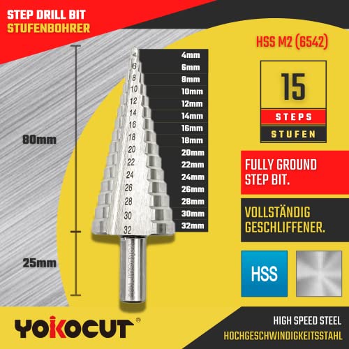 YOKOCUT Step Drill Bit HSS M2 Fully Ground Step Drill Bit For Metal Multiple Hole Drilling Cone Drill Bit Stepped Up Bits For DIY Lovers With 10mm Tri-Flat Shank (4-32mm Step Bit -15 Steps) - Image 3