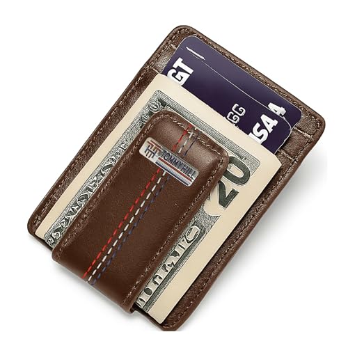 Tommy Hill RFID Blocking Genuine Leather Money Clip Wallet Slim Front Pocket Wallet CreditCard Holder with ID Window 6 Card Holder - Brown