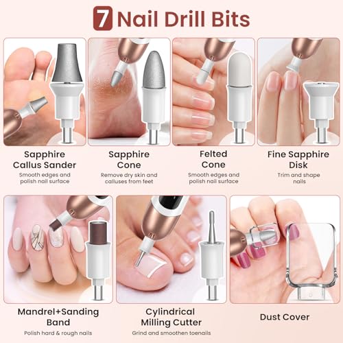 Maniküre/Pediküre Set, Nagelfräser, Kabellos Akku Elektrische Nagelfeile mit 6 Aufsätze zur Nagelpflege, Nagelfräser für Gelnägel mit 10 Geschwindigkeiten und LED Licht, Hände Fußpflege Fräser set