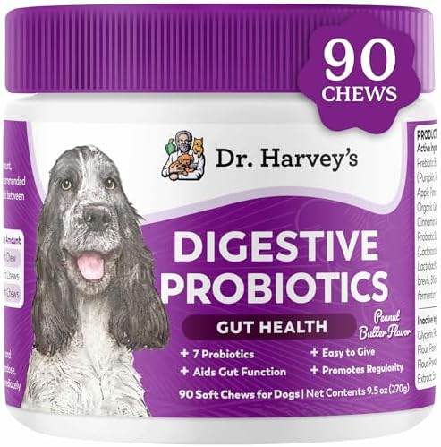 Dr. Harvey's Digestive Probiotic Soft Chews for Dogs, 9 Probiotics for Gut Health, Diarrhea and Bowel Support, Peanut Butter Flavor (90 Chews)