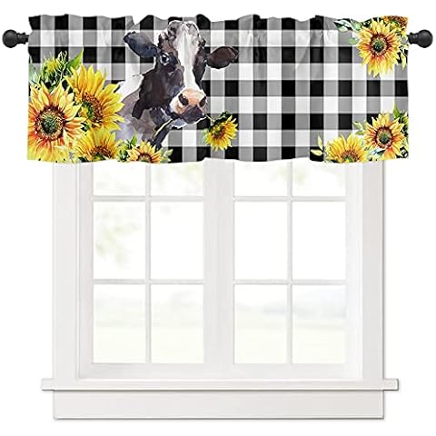 ALAGEO Cow Curtains Sunflower Kitchen Curtain Rod Pocket Valances Black White Buffalo Check Plaid Window Curtain Treatment Short Topper Curtains for Kitchen Bathroom Living Room 1 Panel, 42x12 inch Cover