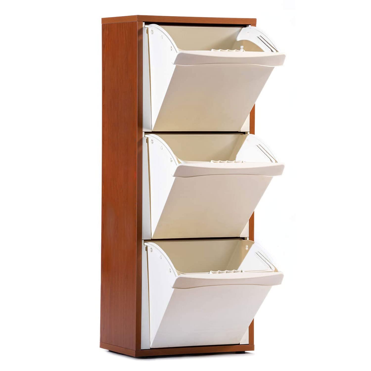 Marvin Mobile In Legno Contenitori Cestino Rifiuti Raccolta Differenziata 3 Vani Scomparti Verticale Interno Salvaspazio (Ciliegio)