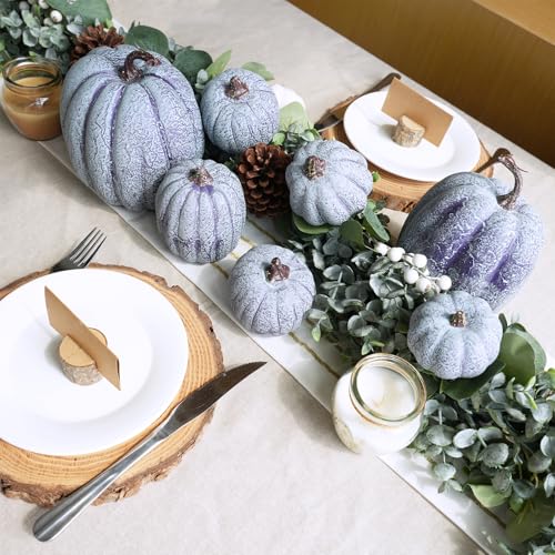 Image of Winlyn 7 Pcs Assorted Sizes Artificial Denim Blue Pumpkins Decorative Fall Faux Foam Pumpkins for Fall Autumn Thanksgiving Holiday Halloween Party Table Centerpiece Shelf Mantel Decoration
