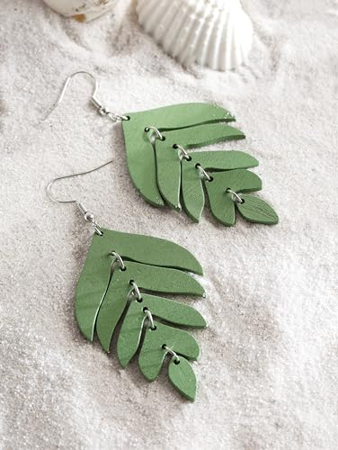 MINACHI Bohemian Chic Green Wooden Layered Leaf Dangle Drop Earrings, Boho Jewelry Gift for Women2