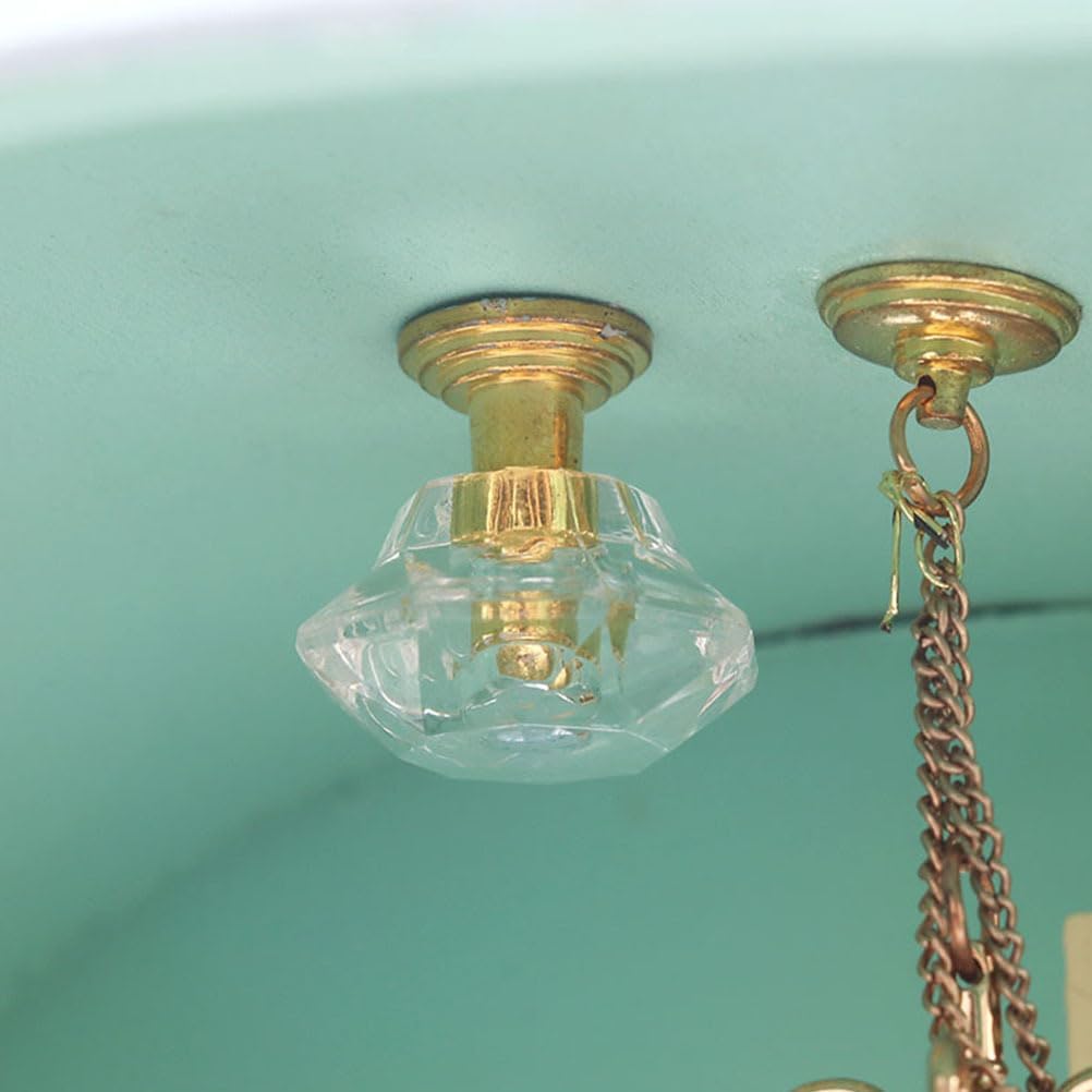 Dollhouse Mini Ceiling Lamp, 2Pcs 1:12 Scale Golden Vintage Miniature Chandelier Model Tiny House Fairy Garden Decoration Supplies