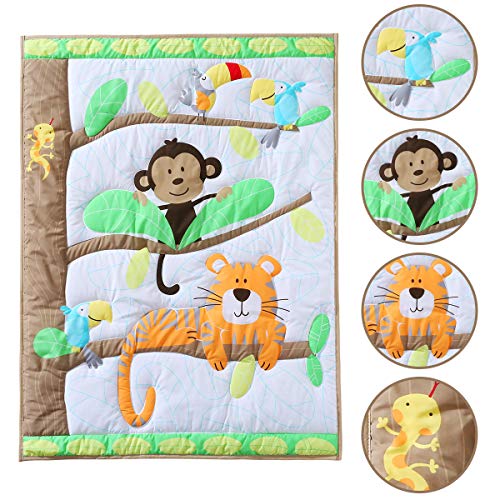 Springbaby Crib Bedding Set For Boy, Girl, Soft Cotton Baby Bedding Set, Portable Standard Crib Bedding Set, Safari Woodland Tiger Monkey Crib Bedding Set, 3 Piece Neutral Crib Set In White/Green #TOP3
