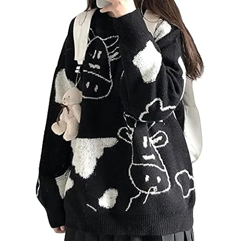 Dubute Women Crew Neck Long Sleeve Cows Print Knit Sweater Casual Pullover Jumper Tops (Black, M) Cover
