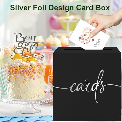 Image of Black Card Box with Silver Foil Design, Paperboard 8.7 inch Card Box for Birthday Wedding Party Graduation Retirement Anniversary Valentine's Day & Baby Showers Halloween, Raffle or Money Box