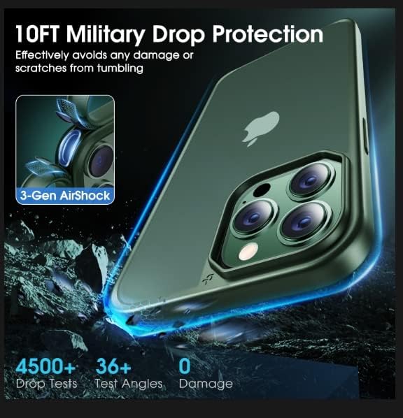 CASEKOO for iPhone 13 Pro Max Case KooShock, [10 FT Military Drop Protection] [Zero-Smudge Matte Craft] Built-in Airbags & Hard Back, Thin Translucent Protective Case 6.7", Alpine Green