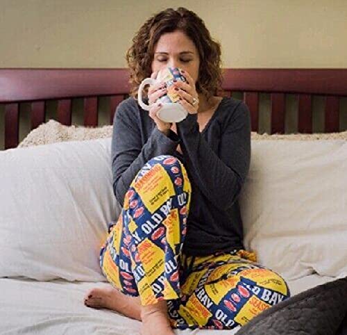 Old Bay Can Pattern Yellow/Blue Fuzzy Lounge Pants Pajama Bottoms3